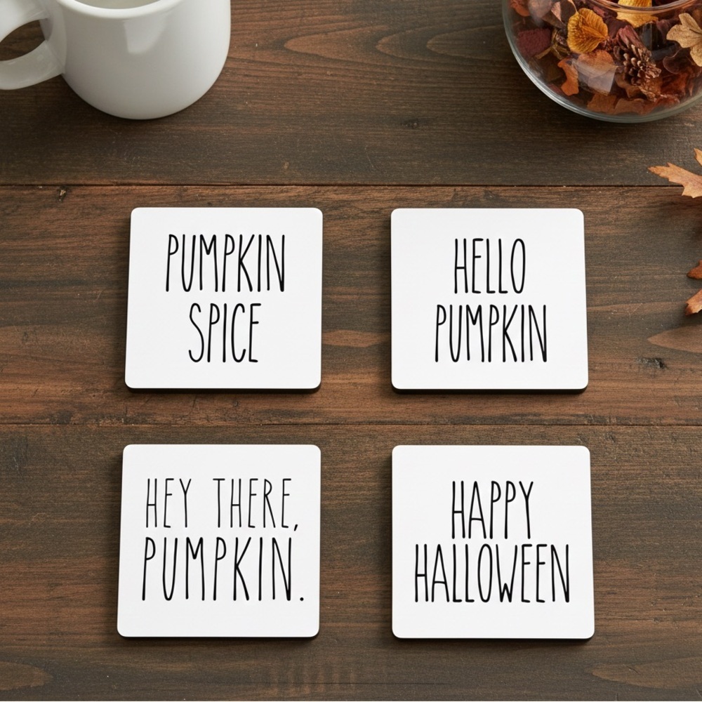 Rae Dunn inspired Halloween Handmade Coasters (Set of 4) with Cork Base